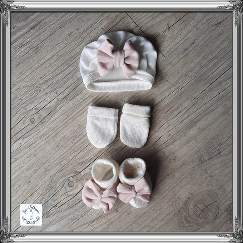 Off-white turban set with pink bow + matching mitten + slipper. choice of warm or thin fabrics